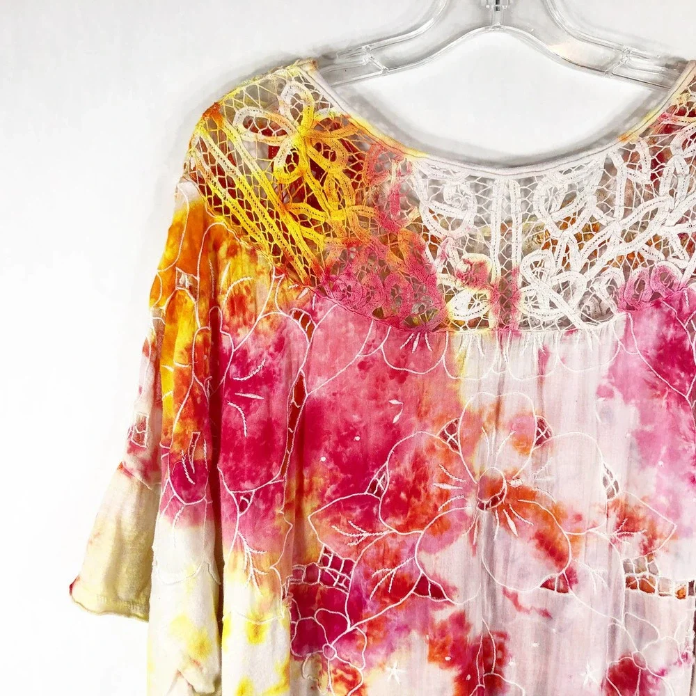 We the Free People Small Top Handmade Tie Dye‎ Daffodil Darling Yellow Pink 410
